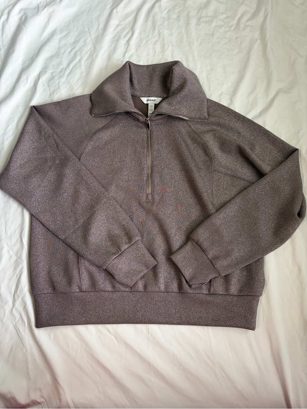 SPANX AirEssentials Metallic Shimmer HalfZip Pullover Sweatshirt Rose Gold Med